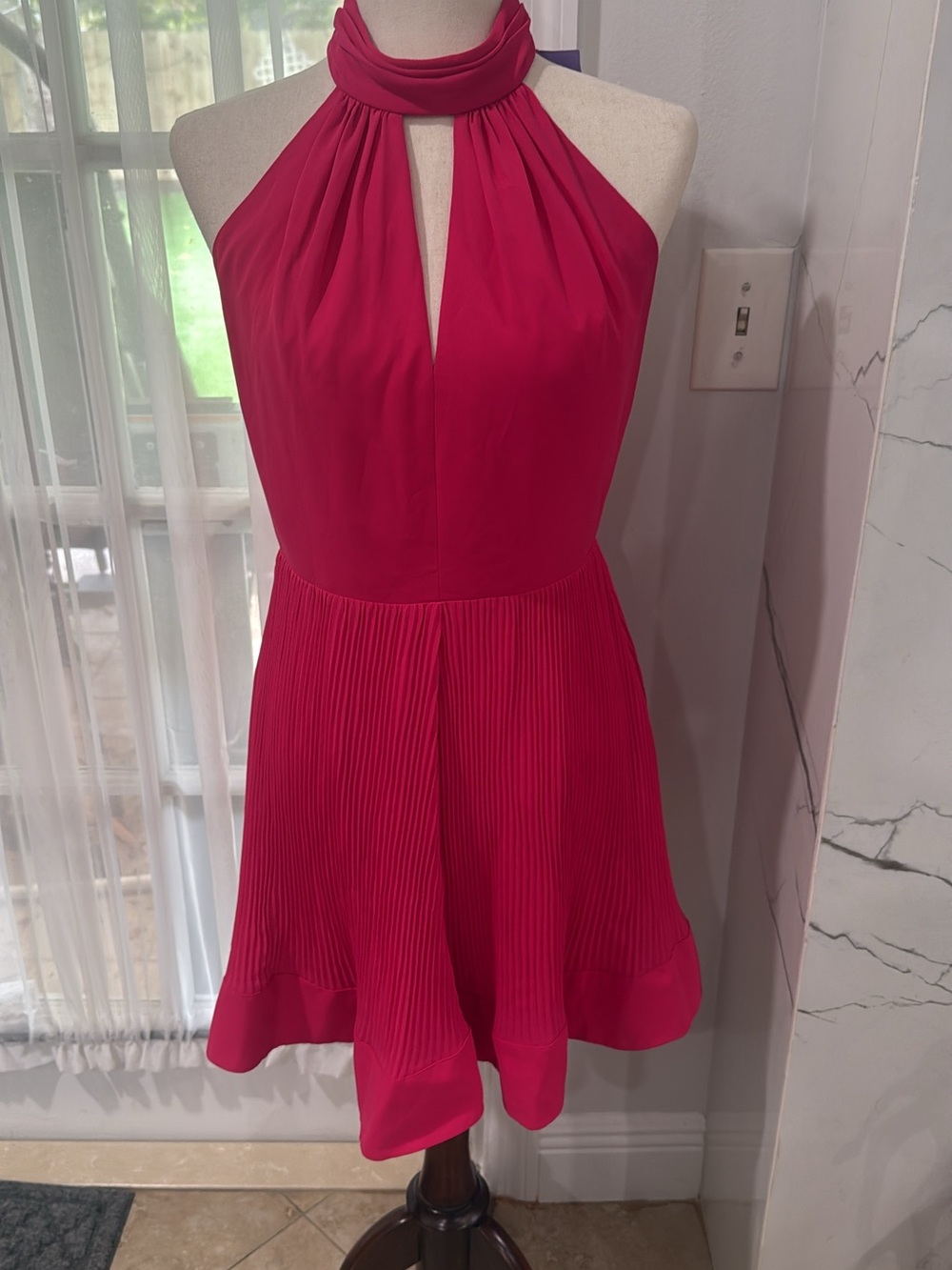 Halter Neck Pleated Mini Dress in Fuchsia
